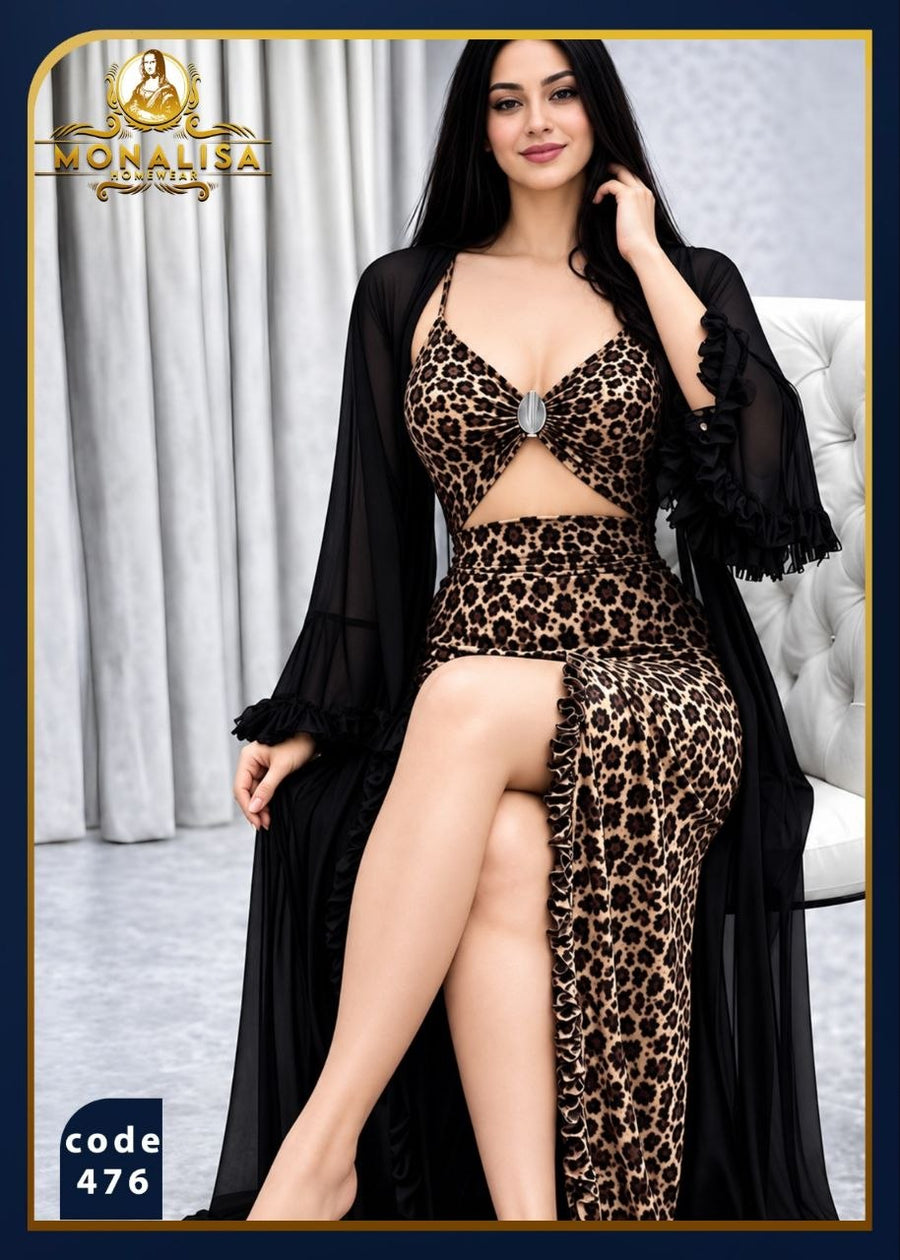 لانجري طويل ليوبارد مع روب شيفون أسود – كود 476