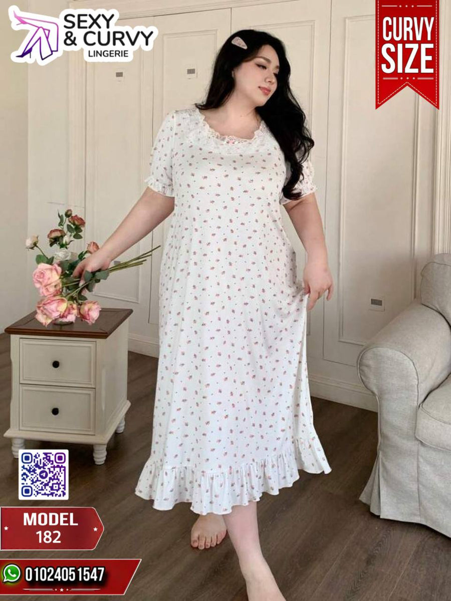 قميص نوم وردي مزهر مقاسات كبيرة موديل 182 | Big Size 85-120 KG | Divarouj