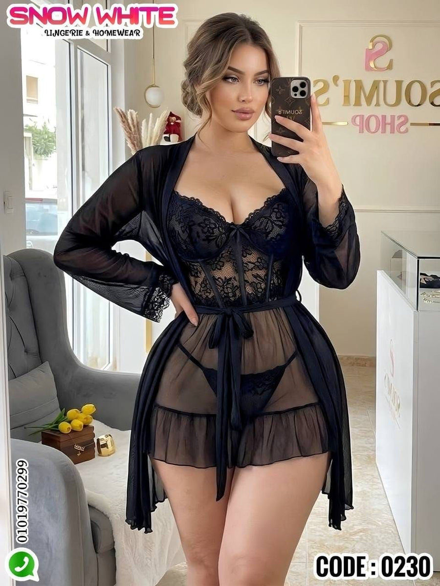 طقم لانجري حريمي أسود مع روب شفاف – كود 0230