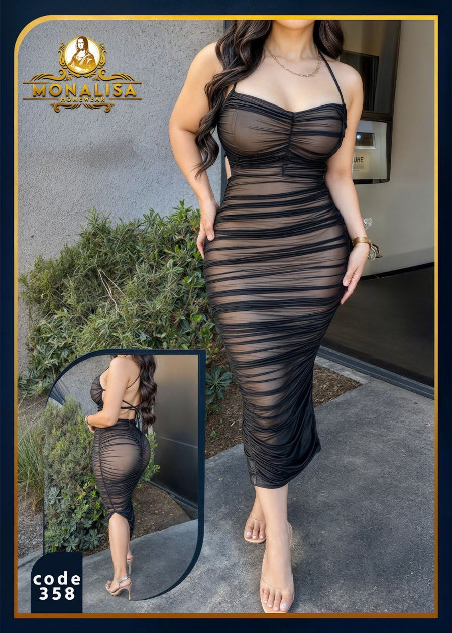Code 358 Black Ruched Mesh Halter Dress | فستان لانجري شبك أسود