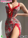 Leopard & Floral Print Long Lingerie Dress – Snow White 0149 | Sexy Nightwear with Side Slit