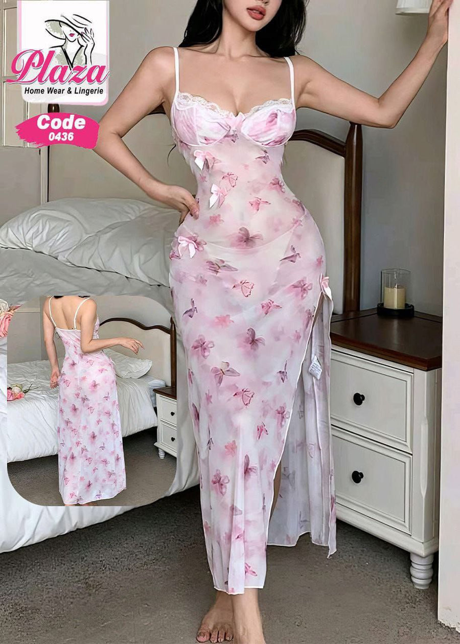 Pink Floral Sheer Long Nightdress | قميص نوم وردي شفاف طويل