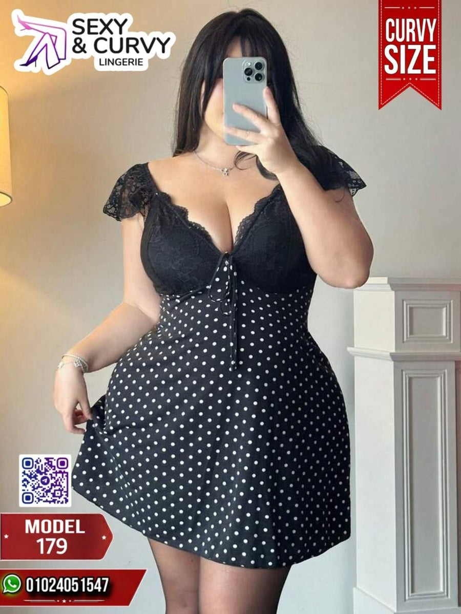 بيبي دول مقاسات كبيرة أسود منقط مع دانتيل ناعم – كود 179