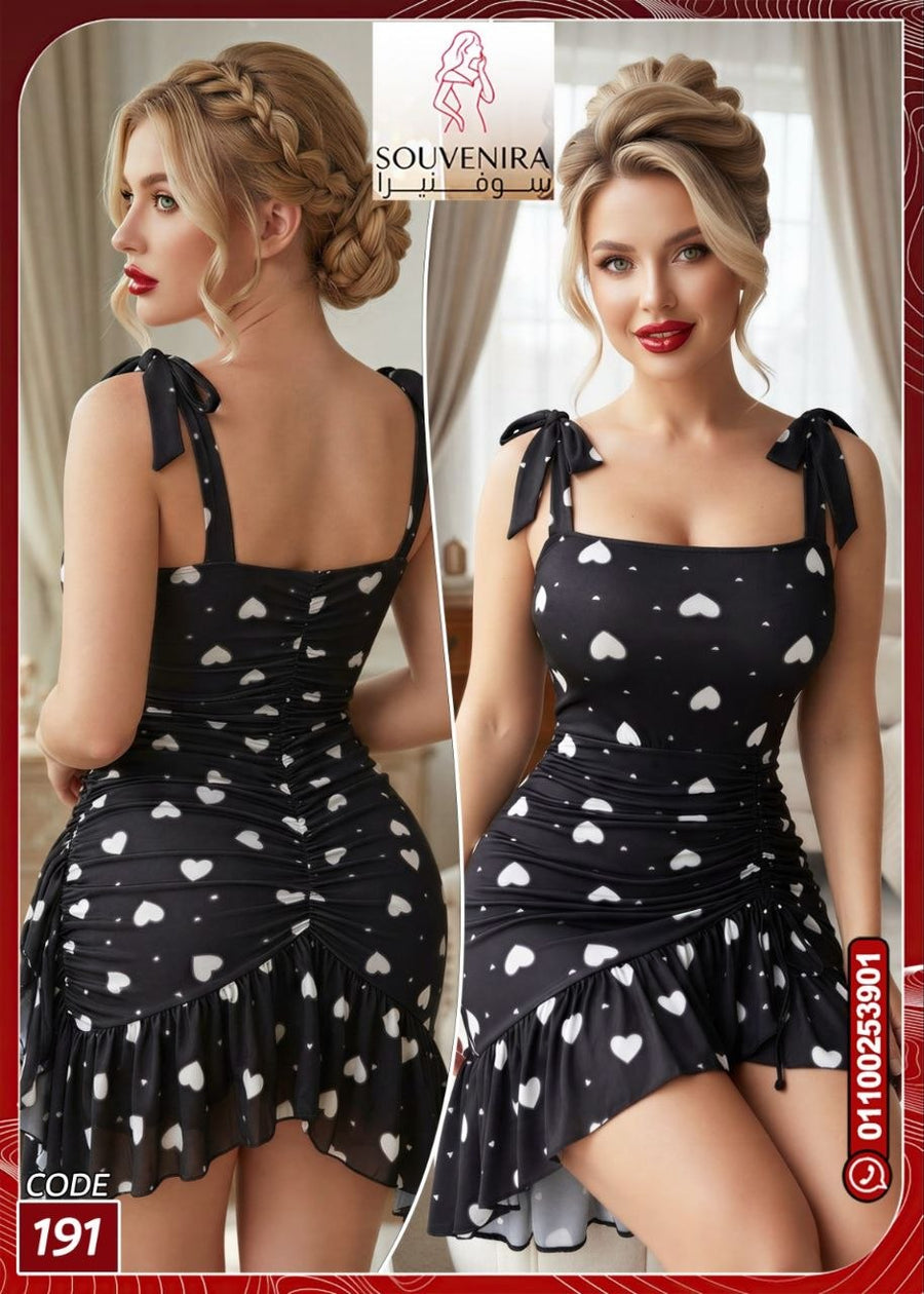 لانجري قصير أسود بطبعة قلوب وربطات كتف – Free Size | كود 191