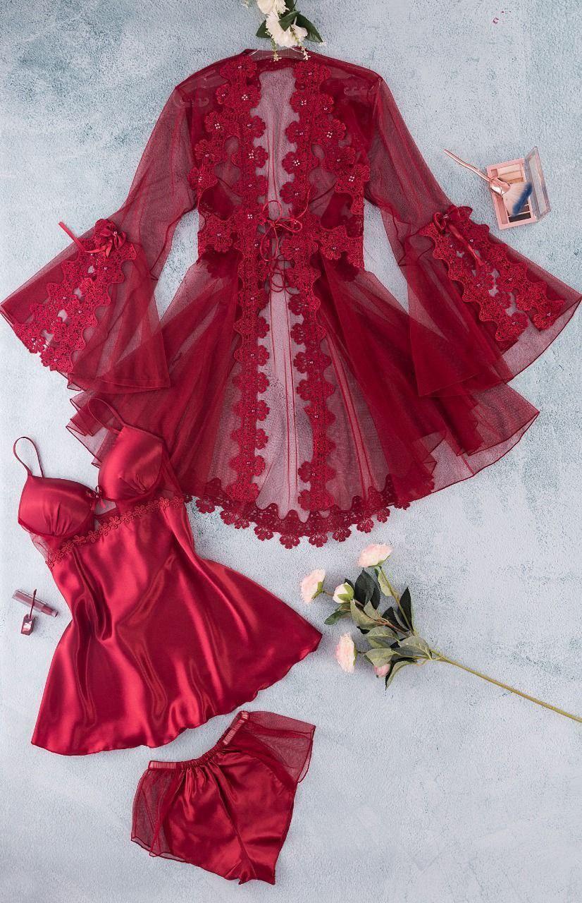 3-Piece Short Satin Lingerie Set | طقم لانجيري قصير 3 قطع كود 55