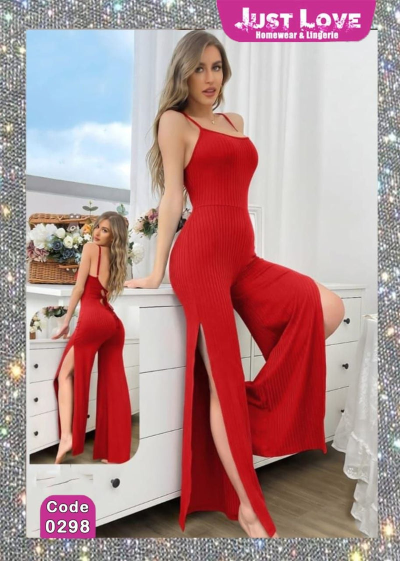 جمبسوت حريمي أحمر طويل مضلع بفتحات جانبية – كود 0298