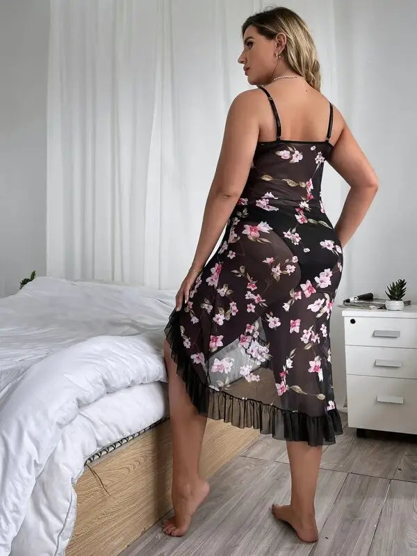 Floral Print Mesh Ruffle Slips With Panty - Divarouj