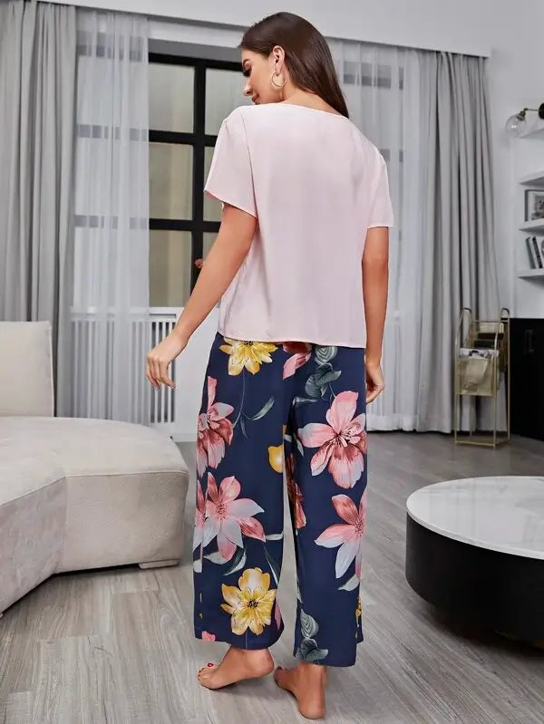عنق V موحدة اللون لباس علوي مع طباعة الأزهار بنطلون طقم بيجامة - Divarouj