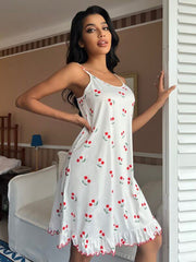 Cherry Print Ruffle Hem Cami Night Dress - Divarouj