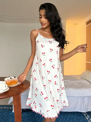 Cherry Print Ruffle Hem Cami Night Dress - Divarouj