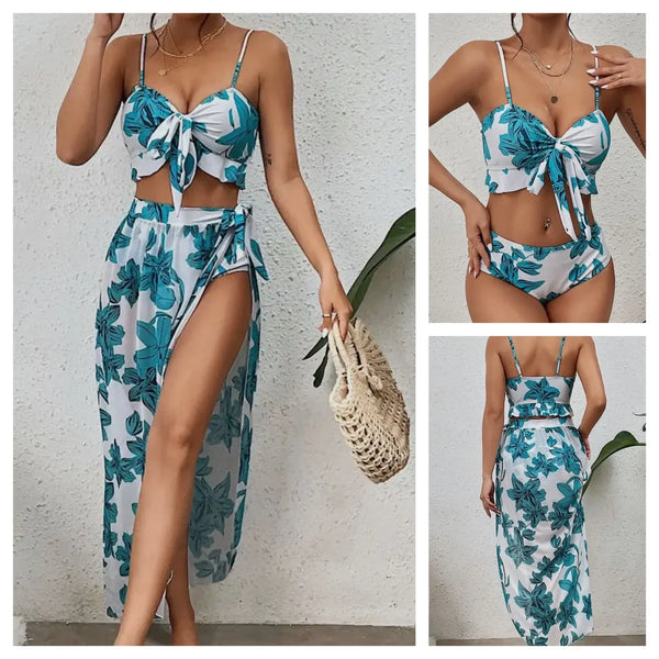 3pack Floral Knot Front Bikini Swimsuit Beach Skirt