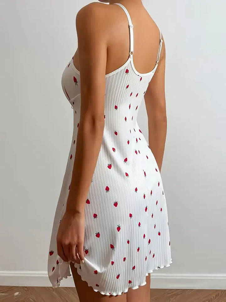 Strawberry Print Ribbed Nightgown, Cute Lettuce Trim Round Neck Front Tie Backless Slip Dress, Women's Sleepwear - Divarouj