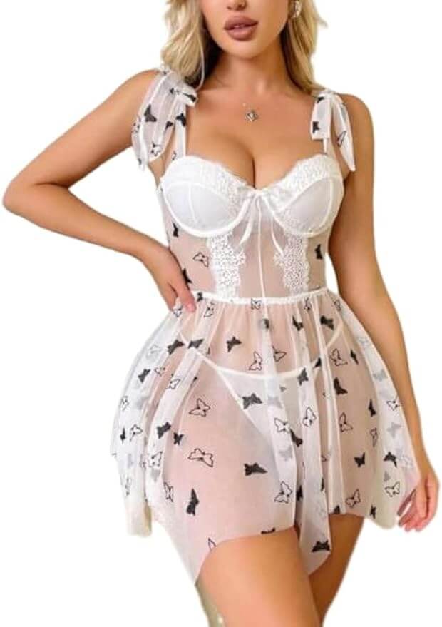 Chiffon lingerie set with butterfly pattern. - Divarouj