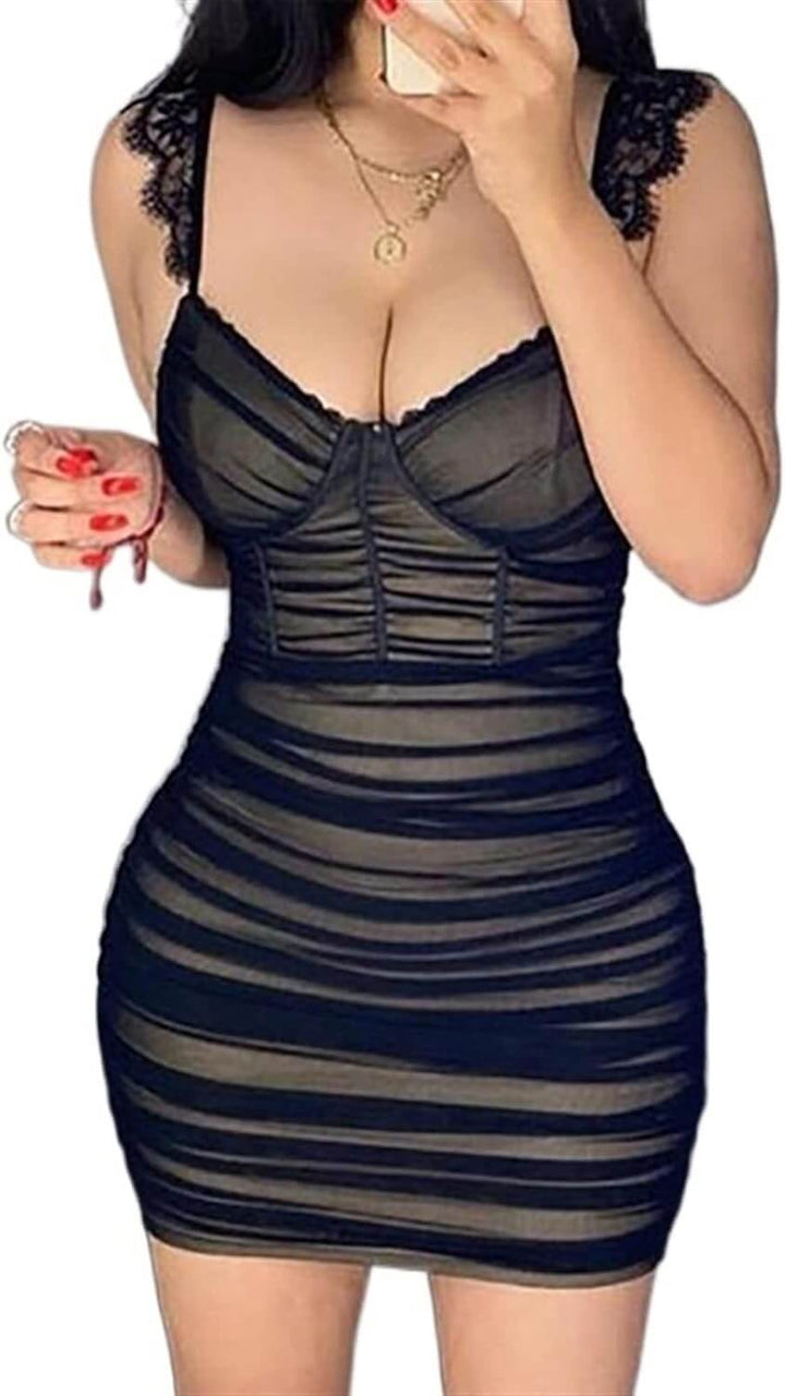 Women Solid Trim Sheer Mesh Ruched Bodycon Slim and Lightweight Dress Party Dress lingerie - Divarouj