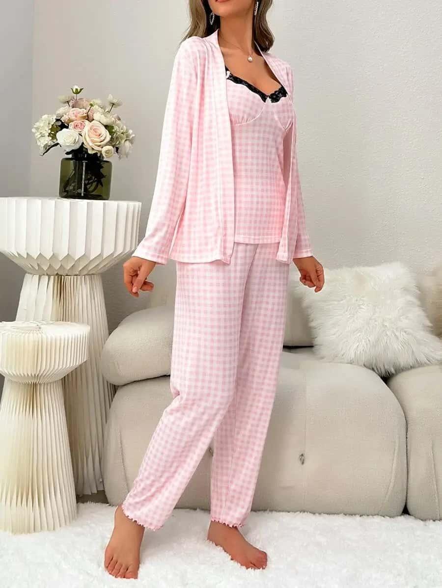 3pcs Plaid Contrast Lace PJ Set - Divarouj