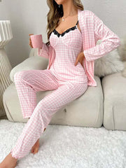 3pcs Plaid Contrast Lace PJ Set - Divarouj