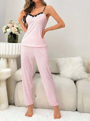 3pcs Plaid Contrast Lace PJ Set - Divarouj