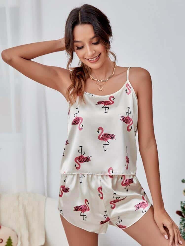 Flamingo Print Satin Cami Top & Shorts PJ Set - Divarouj