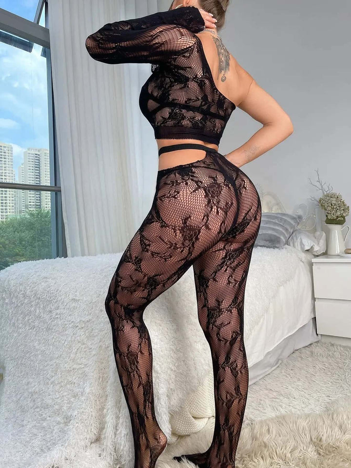 Floral Lace Cut Out One Shoulder Bodystocking Without Liner - Divarouj
