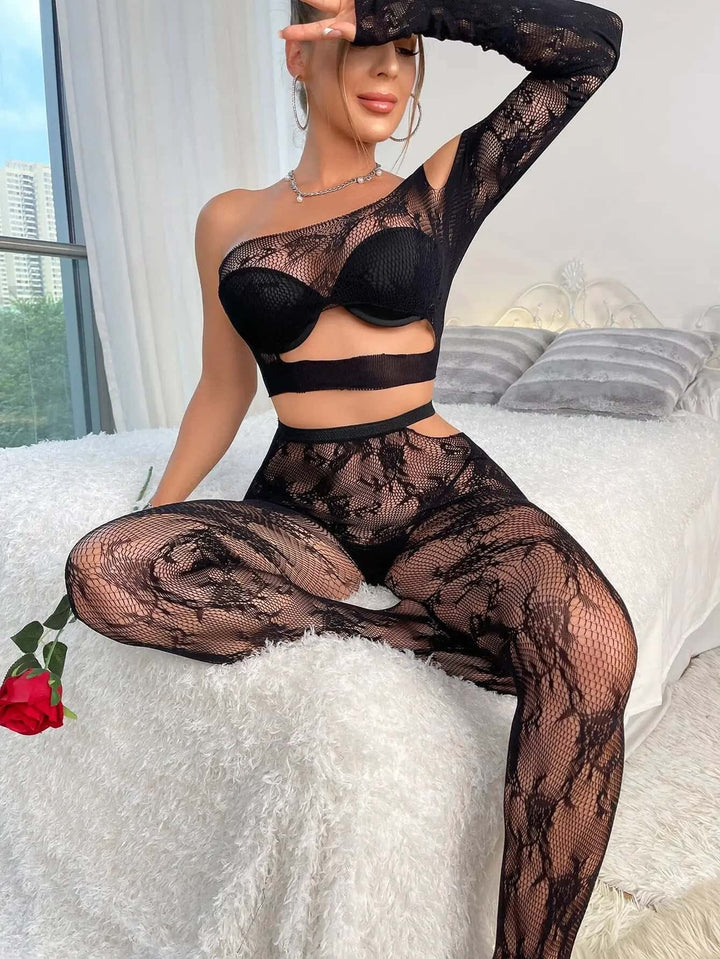 Floral Lace Cut Out One Shoulder Bodystocking Without Liner - Divarouj