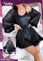 طقم لانجري ساتان أسود مع روب شيفون بفرو – كود 7170
