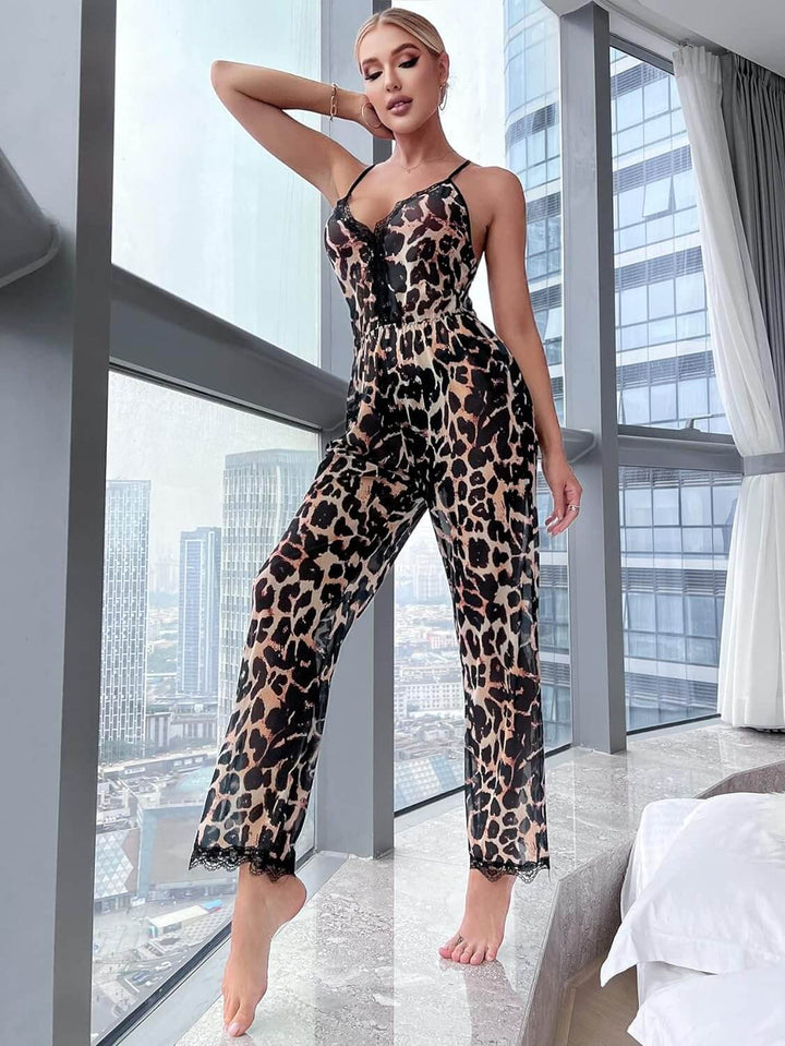 Women's One-Piece Pajamas Nightgown Leopard Print Crisscross Back Lace Trim Mesh Cami Lounge Jumpsuit - Divarouj