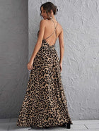 VCAY Plunge Neck Crisscross Open Back Leopard Dress