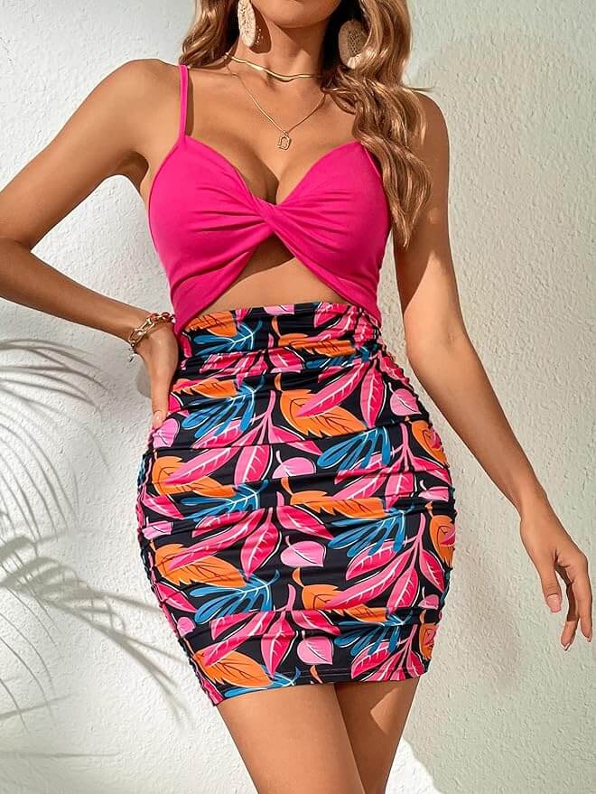 VCAY Plants Cut Out Twist Front Ruched Bodycon Cami Dress - Divarouj