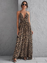 VCAY Plunge Neck Crisscross Open Back Leopard Dress