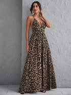 VCAY Plunge Neck Crisscross Open Back Leopard Dress