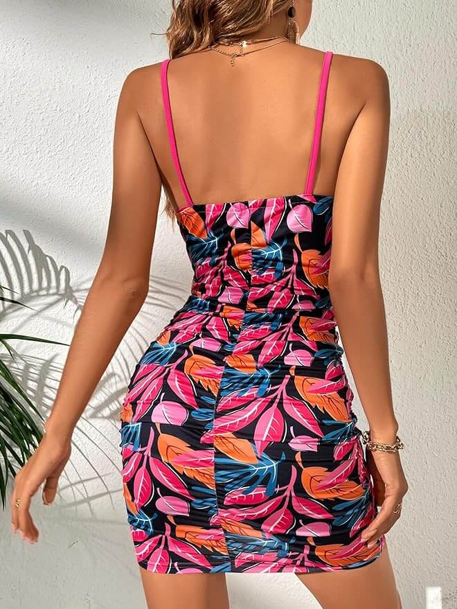VCAY Plants Cut Out Twist Front Ruched Bodycon Cami Dress - Divarouj