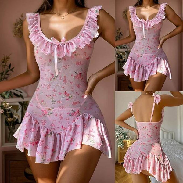 Women's Fun Underwear Sexy Flower Underwear Mesh Print Pleated See Through Sleepwear Lingerie Bodysuit