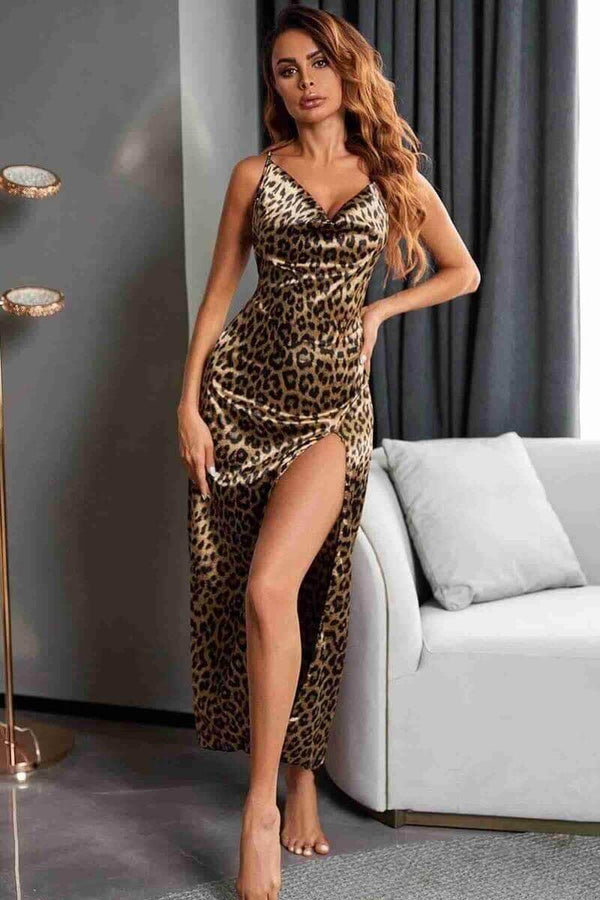 Long Satin Leopard Nightgown lingerie Dress