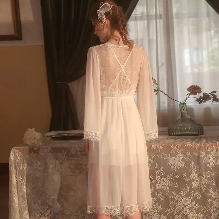 women's sleepwear French embroidery lace white long bridal maid nightdress and robe set - Divarouj