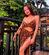 Tiger Lycra Dress Open From The Belly And On One Side With Ruffles - Divarouj