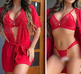 This stunning three-piece lingerie set combines the comfort of Lycra with the delicate beauty of lace for a look that's both luxurious and captivating. - Divarouj