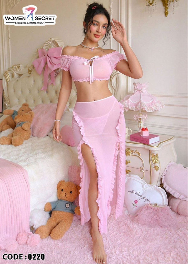 💖 Pink Ruffle Two-Piece Lingerie Set – Code 0220
