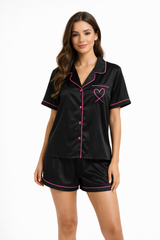 Black Satin Pajama Set – Pink Trim (2XL)