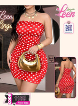 فستان حريمي قصير أوف شولدر منقط (Polka Dot) ستايل ضيق أنيق – Free Size – كود 1189