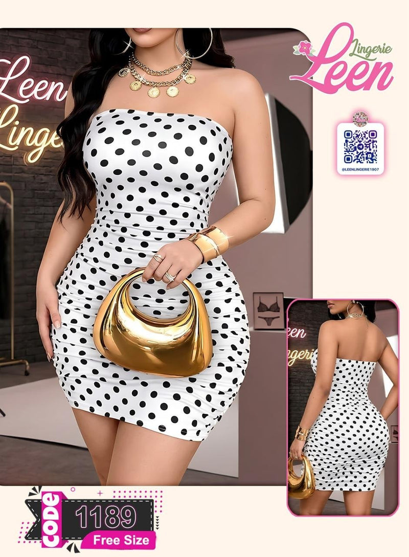 فستان حريمي قصير أوف شولدر منقط (Polka Dot) ستايل ضيق أنيق – Free Size – كود 1189