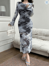 Women's Crew Neck Long Sleeve Butterfly Print Casual Mesh Midi Dress