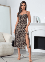 Leopard Tie Shoulder Split Thigh Bustier Cami Dress