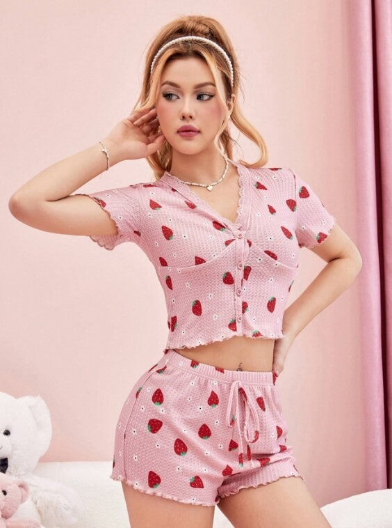 Strawberry Print Women V-Neck Short Sleeve Shorts Pajama Set