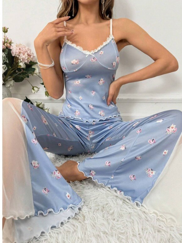 Floral print patchwork mesh homewear set - Divarouj