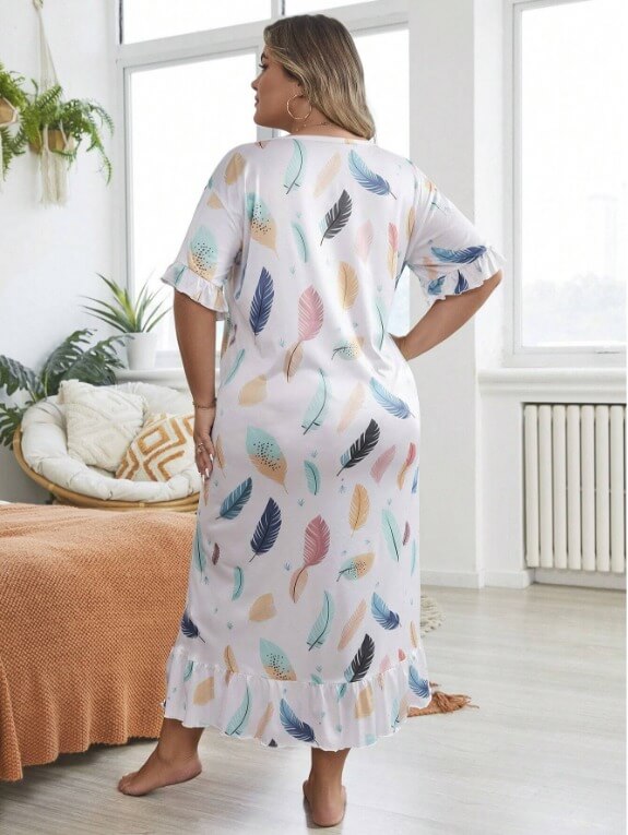 Plus Size Feather Printed Tiered Boudoir Nightgown With Flounce Trim - Divarouj