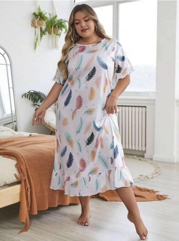 Plus Size Feather Printed Tiered Boudoir Nightgown With Flounce Trim - Divarouj