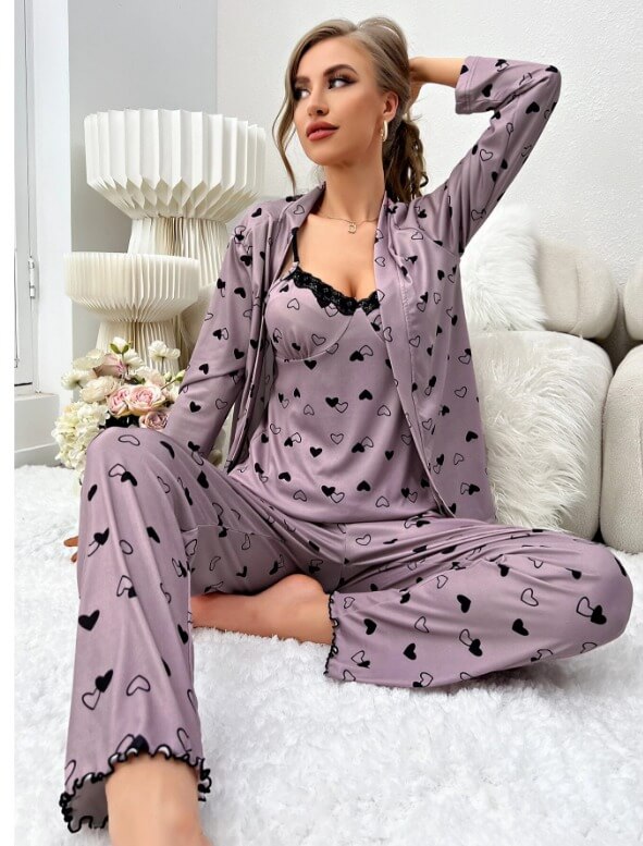 Lace Stripe Heart Print Pajama Set 3 Pcs - Divarouj