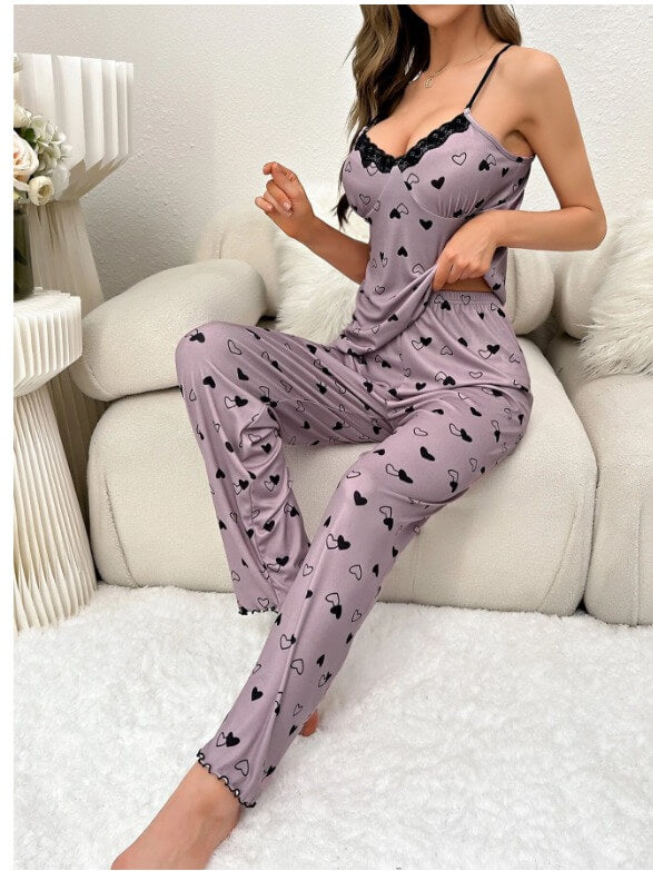 Lace Stripe Heart Print Pajama Set 3 Pcs - Divarouj