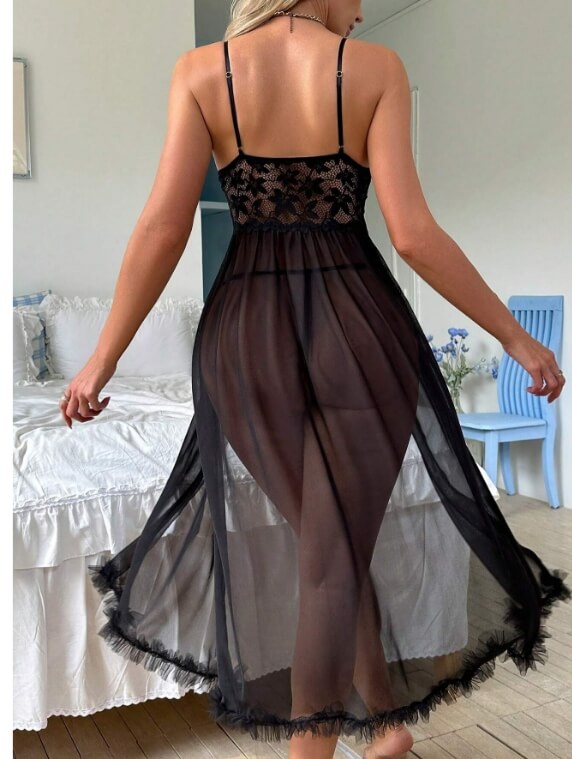 Contrast Lace Fuzzy Trim Mesh Lingerie Sexy Pajama Night Dress With Thong