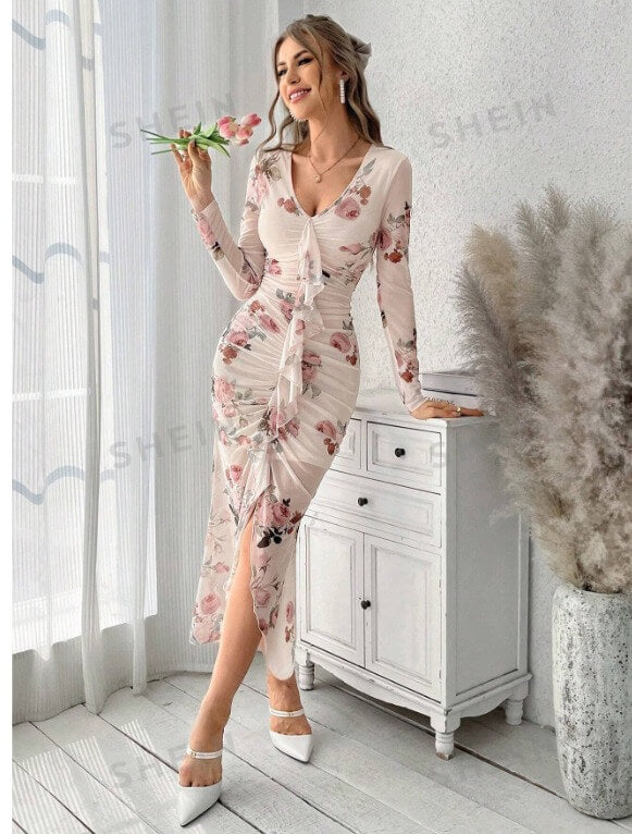 Women's Floral Print V-Neck Mesh Dress with Ruffle Hem - Divarouj